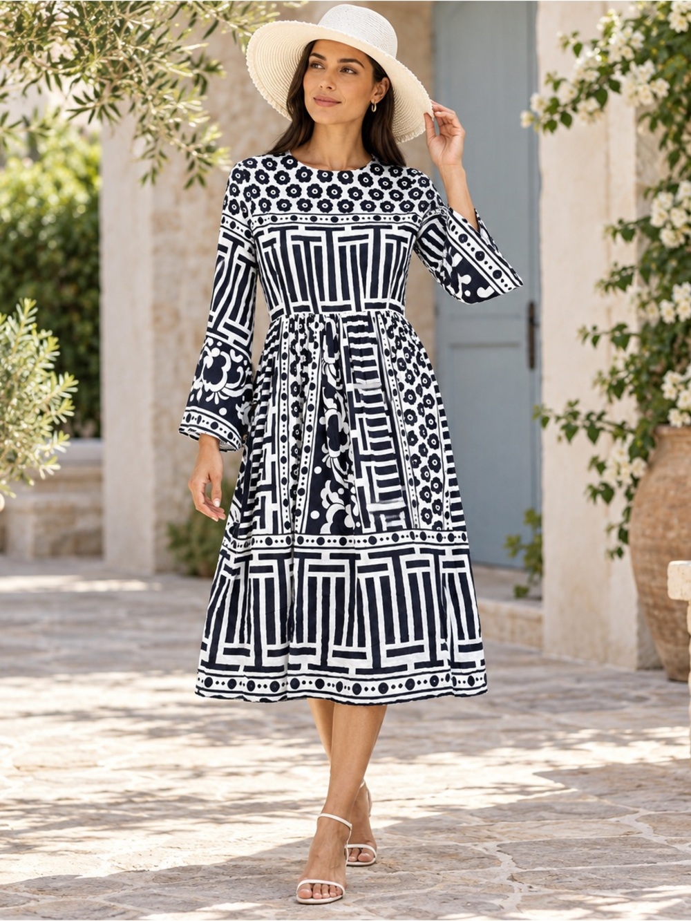 Virginia M Blue White Cotton Midi Dress Bell Sleeves Geometric Floral Size M